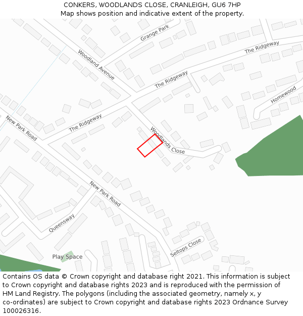 CONKERS, WOODLANDS CLOSE, CRANLEIGH, GU6 7HP: Location map and indicative extent of plot