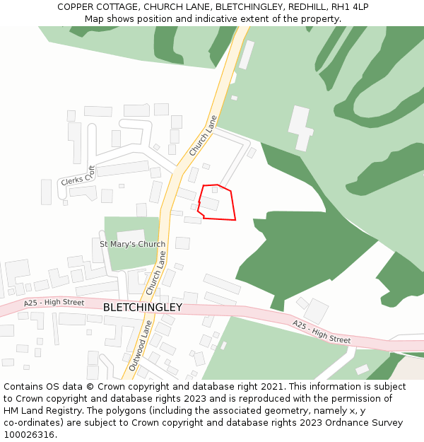 COPPER COTTAGE, CHURCH LANE, BLETCHINGLEY, REDHILL, RH1 4LP: Location map and indicative extent of plot