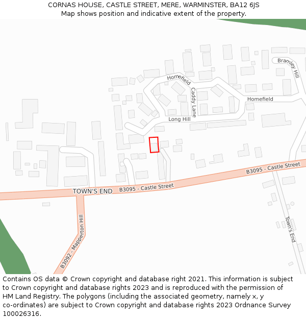 CORNAS HOUSE, CASTLE STREET, MERE, WARMINSTER, BA12 6JS: Location map and indicative extent of plot