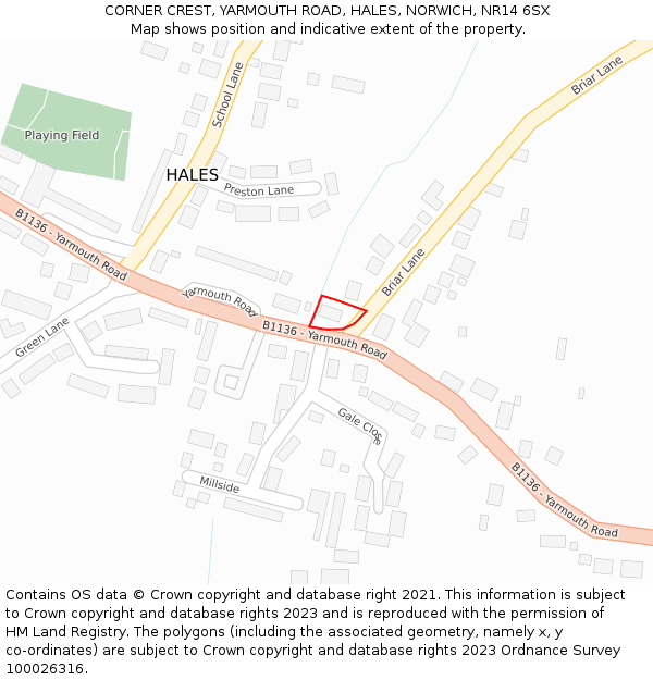 CORNER CREST, YARMOUTH ROAD, HALES, NORWICH, NR14 6SX: Location map and indicative extent of plot