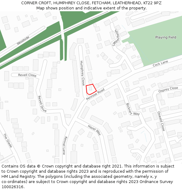 CORNER CROFT, HUMPHREY CLOSE, FETCHAM, LEATHERHEAD, KT22 9PZ: Location map and indicative extent of plot