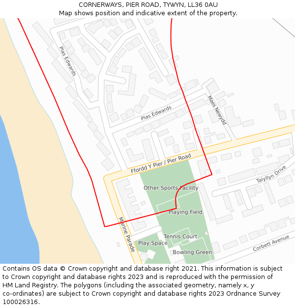 CORNERWAYS, PIER ROAD, TYWYN, LL36 0AU: Location map and indicative extent of plot