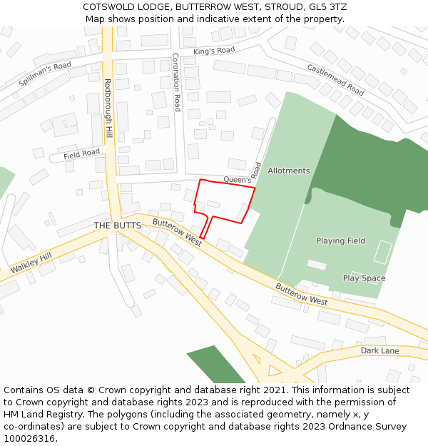 COTSWOLD LODGE, BUTTERROW WEST, STROUD, GL5 3TZ: Location map and indicative extent of plot