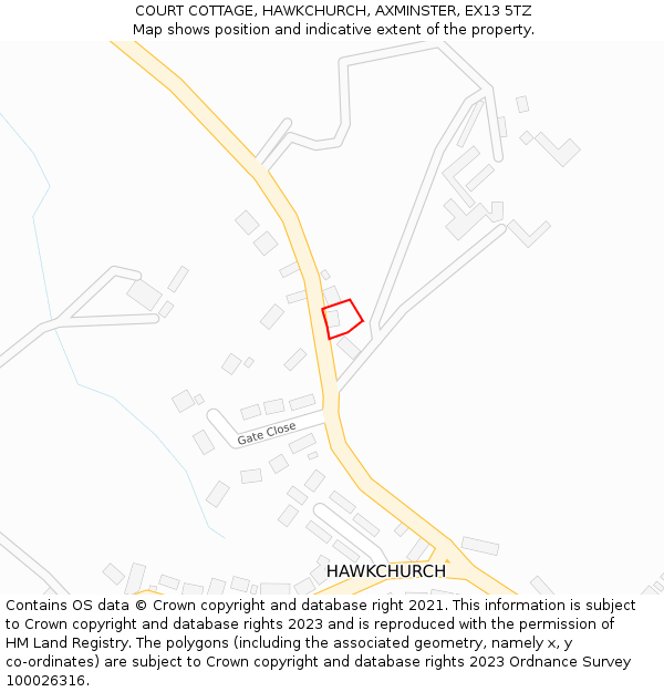 COURT COTTAGE, HAWKCHURCH, AXMINSTER, EX13 5TZ: Location map and indicative extent of plot