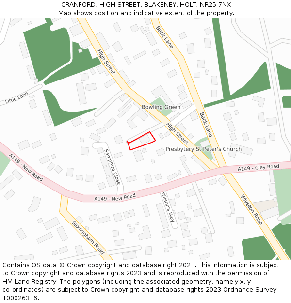 CRANFORD, HIGH STREET, BLAKENEY, HOLT, NR25 7NX: Location map and indicative extent of plot