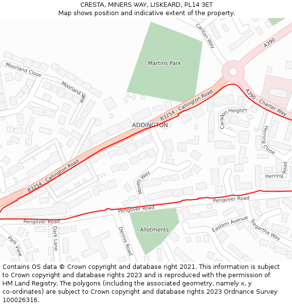 CRESTA, MINERS WAY, LISKEARD, PL14 3ET: Location map and indicative extent of plot