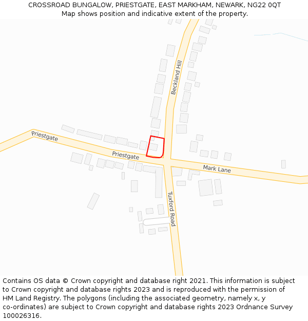 CROSSROAD BUNGALOW, PRIESTGATE, EAST MARKHAM, NEWARK, NG22 0QT: Location map and indicative extent of plot