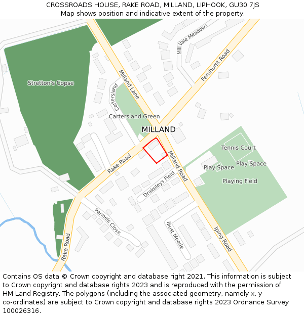 CROSSROADS HOUSE, RAKE ROAD, MILLAND, LIPHOOK, GU30 7JS: Location map and indicative extent of plot