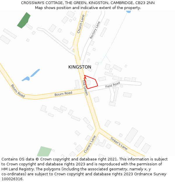 CROSSWAYS COTTAGE, THE GREEN, KINGSTON, CAMBRIDGE, CB23 2NN: Location map and indicative extent of plot