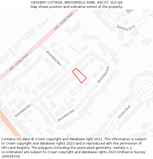 DEANERY COTTAGE, BROOMFIELD PARK, ASCOT, SL5 0JS: Location map and indicative extent of plot