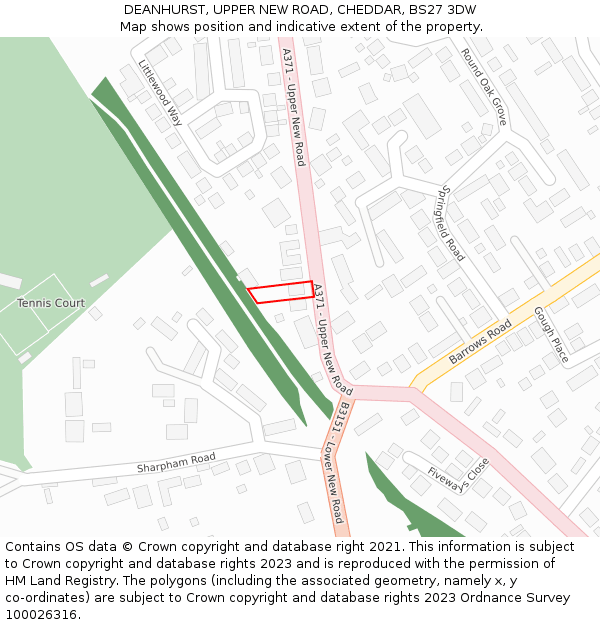 DEANHURST, UPPER NEW ROAD, CHEDDAR, BS27 3DW: Location map and indicative extent of plot