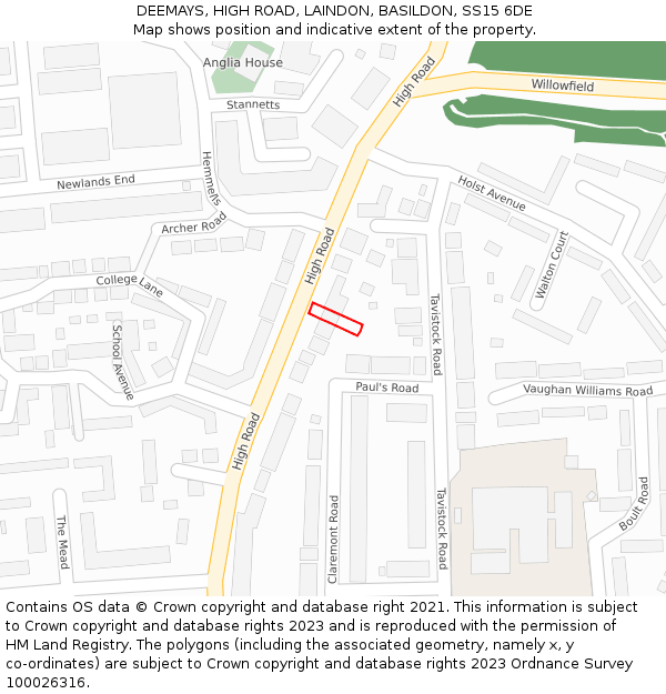 DEEMAYS, HIGH ROAD, LAINDON, BASILDON, SS15 6DE: Location map and indicative extent of plot