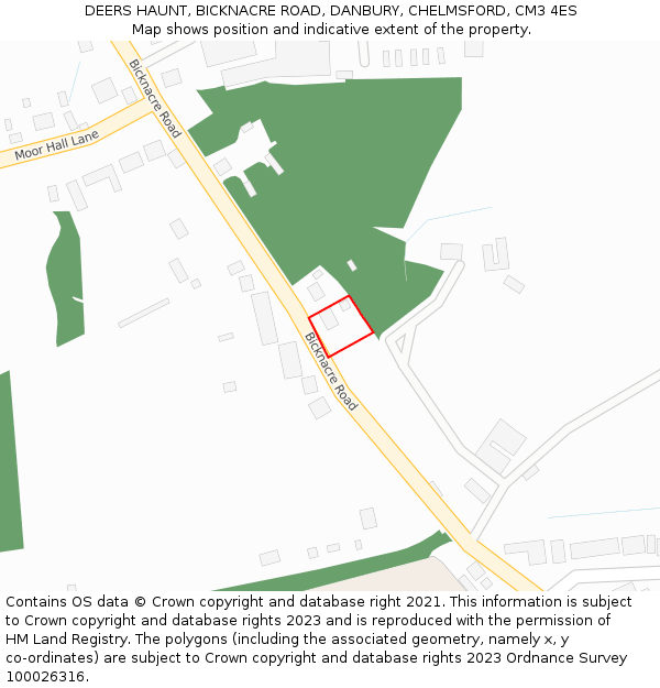 DEERS HAUNT, BICKNACRE ROAD, DANBURY, CHELMSFORD, CM3 4ES: Location map and indicative extent of plot