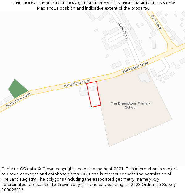 DENE HOUSE, HARLESTONE ROAD, CHAPEL BRAMPTON, NORTHAMPTON, NN6 8AW: Location map and indicative extent of plot