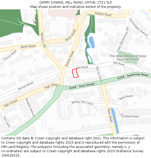 DERRY DOWNS, MILL ROAD, HYTHE, CT21 5LP: Location map and indicative extent of plot