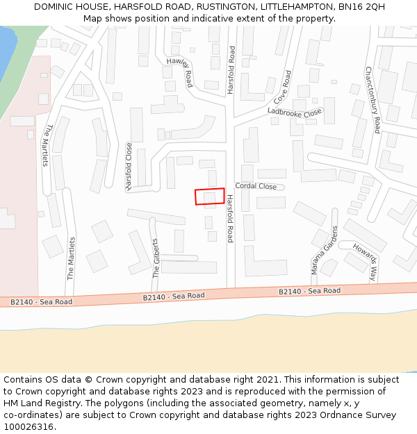 DOMINIC HOUSE, HARSFOLD ROAD, RUSTINGTON, LITTLEHAMPTON, BN16 2QH: Location map and indicative extent of plot