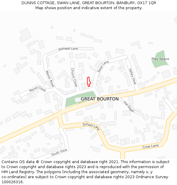 DUNNS COTTAGE, SWAN LANE, GREAT BOURTON, BANBURY, OX17 1QR: Location map and indicative extent of plot