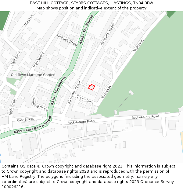 EAST HILL COTTAGE, STARRS COTTAGES, HASTINGS, TN34 3BW: Location map and indicative extent of plot