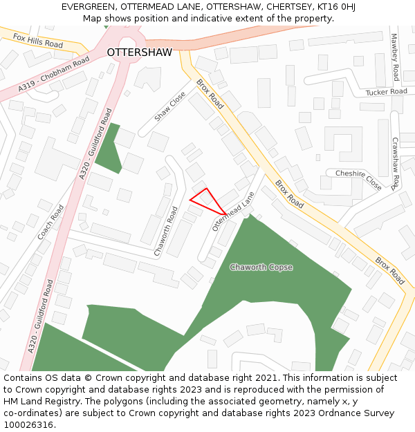 EVERGREEN, OTTERMEAD LANE, OTTERSHAW, CHERTSEY, KT16 0HJ: Location map and indicative extent of plot