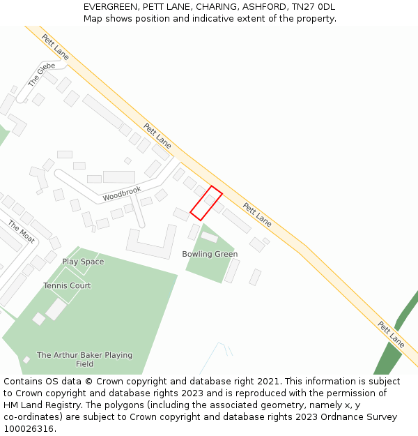 EVERGREEN, PETT LANE, CHARING, ASHFORD, TN27 0DL: Location map and indicative extent of plot