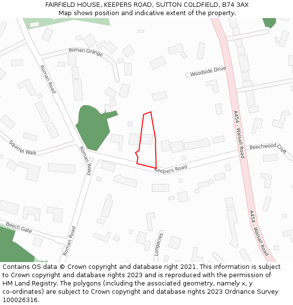 FAIRFIELD HOUSE, KEEPERS ROAD, SUTTON COLDFIELD, B74 3AX: Location map and indicative extent of plot