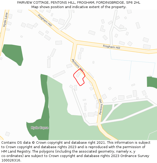 FAIRVIEW COTTAGE, PENTONS HILL, FROGHAM, FORDINGBRIDGE, SP6 2HL: Location map and indicative extent of plot