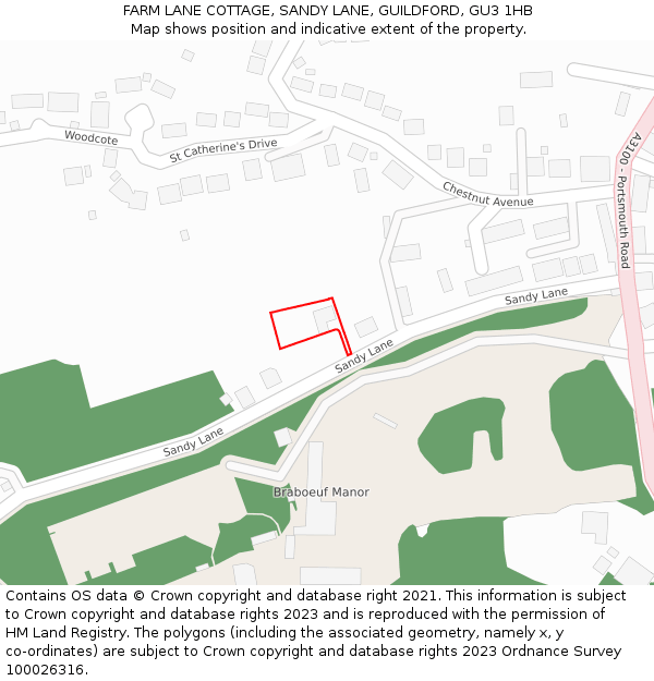 FARM LANE COTTAGE, SANDY LANE, GUILDFORD, GU3 1HB: Location map and indicative extent of plot