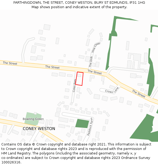 FARTHINGDOWN, THE STREET, CONEY WESTON, BURY ST EDMUNDS, IP31 1HG: Location map and indicative extent of plot