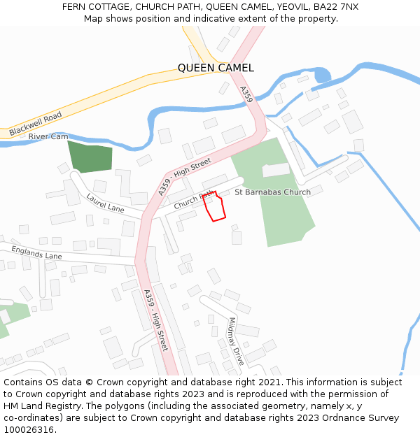 FERN COTTAGE, CHURCH PATH, QUEEN CAMEL, YEOVIL, BA22 7NX: Location map and indicative extent of plot