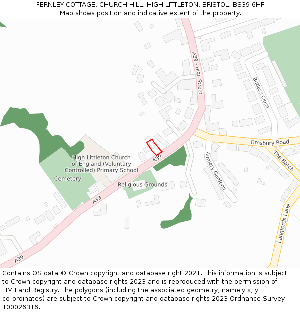 FERNLEY COTTAGE, CHURCH HILL, HIGH LITTLETON, BRISTOL, BS39 6HF: Location map and indicative extent of plot