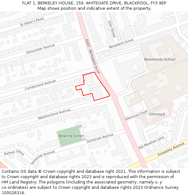 FLAT 1, BERKELEY HOUSE, 159, WHITEGATE DRIVE, BLACKPOOL, FY3 9EP: Location map and indicative extent of plot