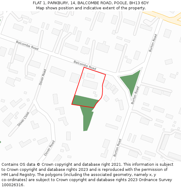 FLAT 1, PARKBURY, 14, BALCOMBE ROAD, POOLE, BH13 6DY: Location map and indicative extent of plot