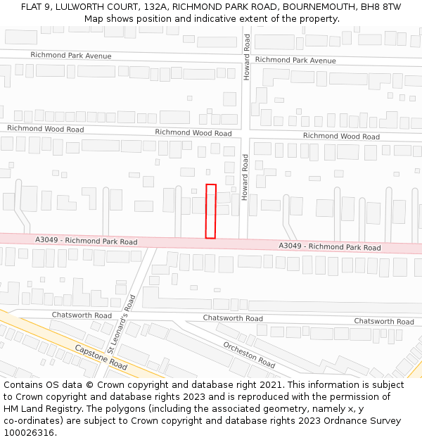 FLAT 9, LULWORTH COURT, 132A, RICHMOND PARK ROAD, BOURNEMOUTH, BH8 8TW: Location map and indicative extent of plot