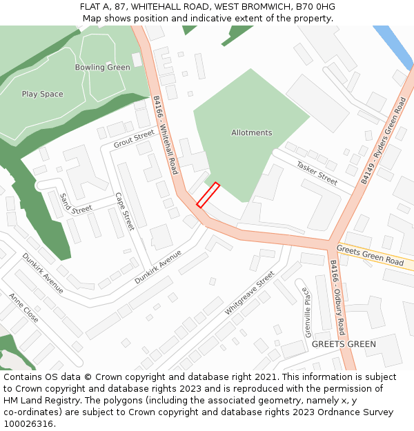 FLAT A, 87, WHITEHALL ROAD, WEST BROMWICH, B70 0HG: Location map and indicative extent of plot