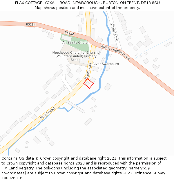 FLAX COTTAGE, YOXALL ROAD, NEWBOROUGH, BURTON-ON-TRENT, DE13 8SU: Location map and indicative extent of plot