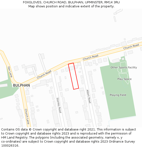 FOXGLOVES, CHURCH ROAD, BULPHAN, UPMINSTER, RM14 3RU: Location map and indicative extent of plot