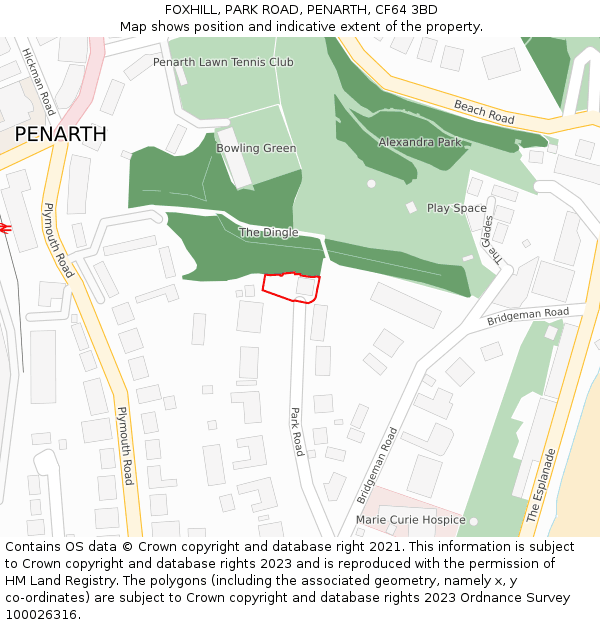 FOXHILL, PARK ROAD, PENARTH, CF64 3BD: Location map and indicative extent of plot