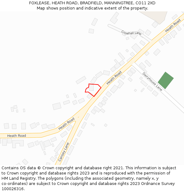 FOXLEASE, HEATH ROAD, BRADFIELD, MANNINGTREE, CO11 2XD: Location map and indicative extent of plot