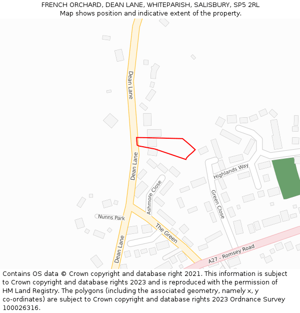 FRENCH ORCHARD, DEAN LANE, WHITEPARISH, SALISBURY, SP5 2RL: Location map and indicative extent of plot