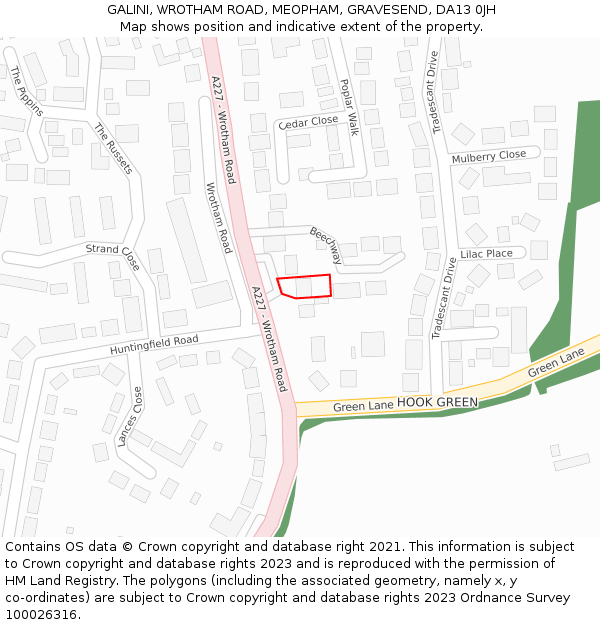 GALINI, WROTHAM ROAD, MEOPHAM, GRAVESEND, DA13 0JH: Location map and indicative extent of plot