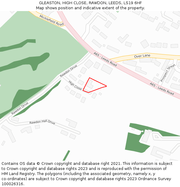 GLEASTON, HIGH CLOSE, RAWDON, LEEDS, LS19 6HF: Location map and indicative extent of plot