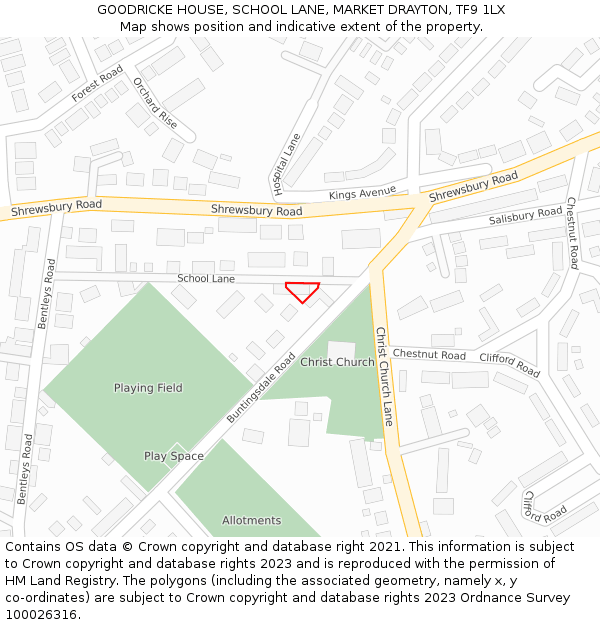 GOODRICKE HOUSE, SCHOOL LANE, MARKET DRAYTON, TF9 1LX: Location map and indicative extent of plot