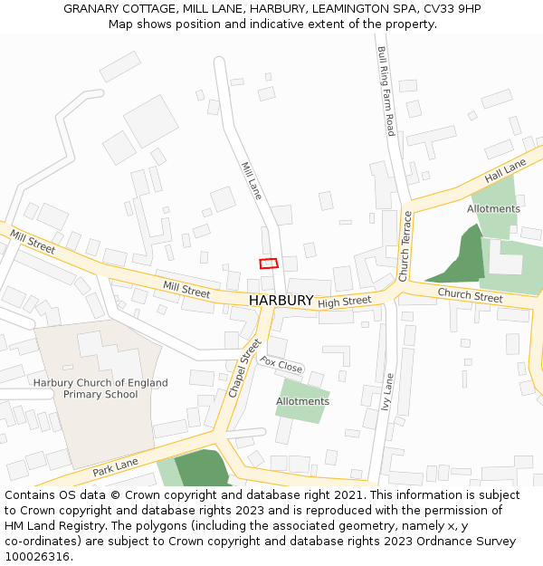 GRANARY COTTAGE, MILL LANE, HARBURY, LEAMINGTON SPA, CV33 9HP: Location map and indicative extent of plot