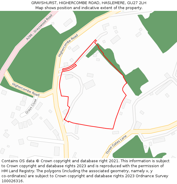 GRAYSHURST, HIGHERCOMBE ROAD, HASLEMERE, GU27 2LH: Location map and indicative extent of plot