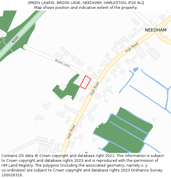 GREEN LAWNS, BROOK LANE, NEEDHAM, HARLESTON, IP20 9LQ: Location map and indicative extent of plot