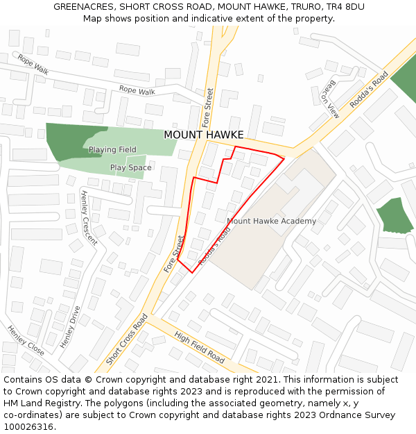 GREENACRES, SHORT CROSS ROAD, MOUNT HAWKE, TRURO, TR4 8DU: Location map and indicative extent of plot