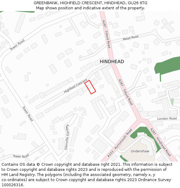 GREENBANK, HIGHFIELD CRESCENT, HINDHEAD, GU26 6TG: Location map and indicative extent of plot