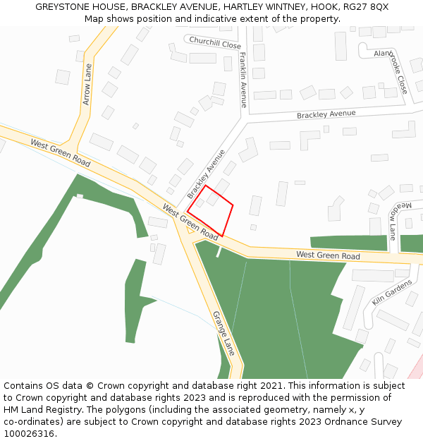 GREYSTONE HOUSE, BRACKLEY AVENUE, HARTLEY WINTNEY, HOOK, RG27 8QX: Location map and indicative extent of plot