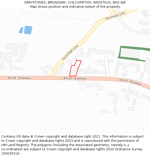 GREYSTONES, BROADWAY, CHILCOMPTON, RADSTOCK, BA3 4JW: Location map and indicative extent of plot