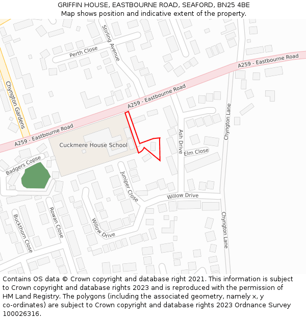 GRIFFIN HOUSE, EASTBOURNE ROAD, SEAFORD, BN25 4BE: Location map and indicative extent of plot